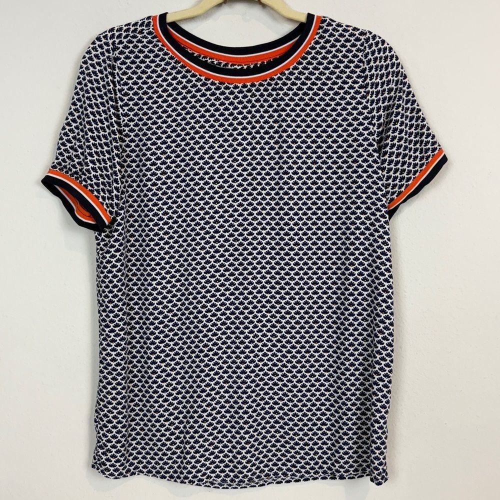 Fransa Viscose Ringer Printed Short Sleeve T-shirt Navy Orange S